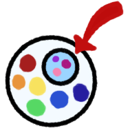 a black ring with 6 circles inside them: red, orange, yellow, green, blue, and purple and another black ring inside it that’s colored in blue and has 3 more tiny circles inside it: magenta, light pink, darker pink. there’s a red arrow pointing to the smaller black and blue ring inside the big ring